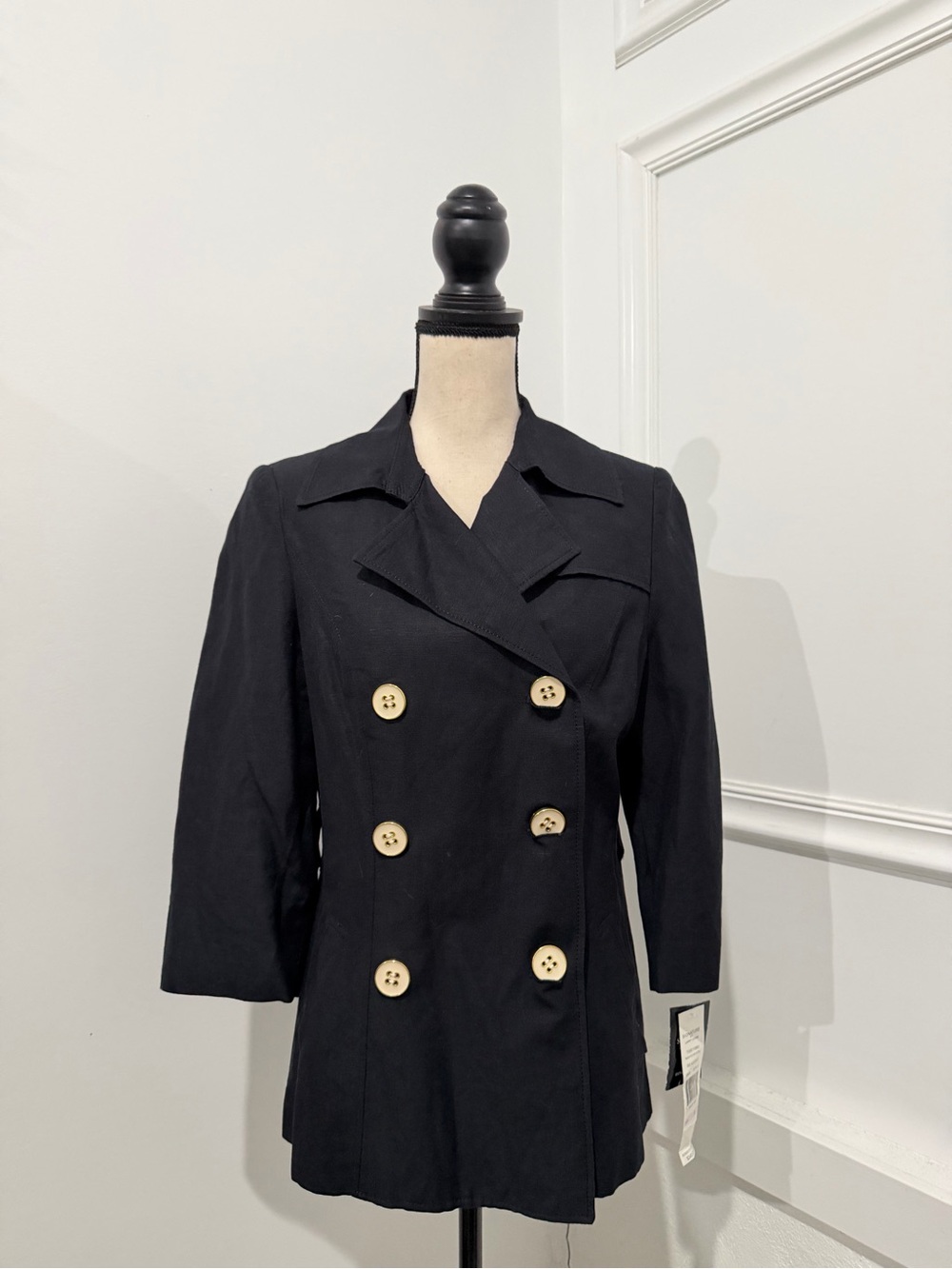 Signature by Larry Levine Black Double-Breasted Blazer with Contrast Buttons